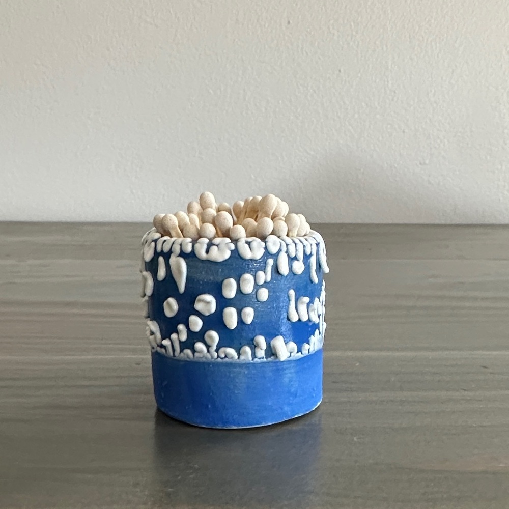 Handmade Blue and White Decorative Ceramic Match Holder with White Matches